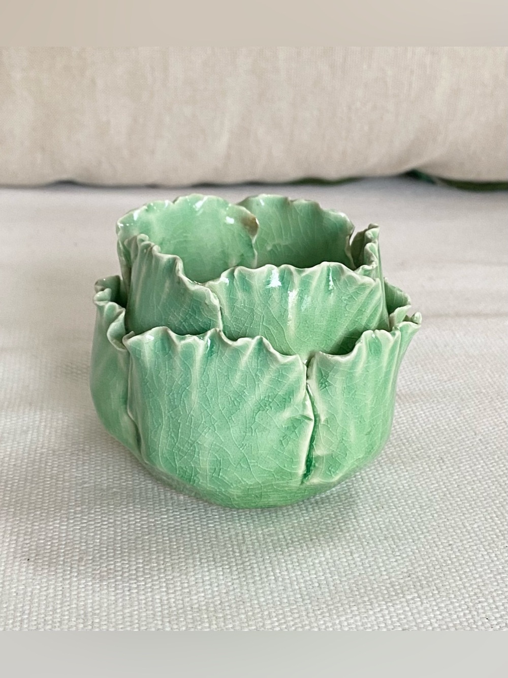 Vtg Cabbage Ware Ceramic Candle Holder Pastel Green Ruffled Edge Crackle Glaze